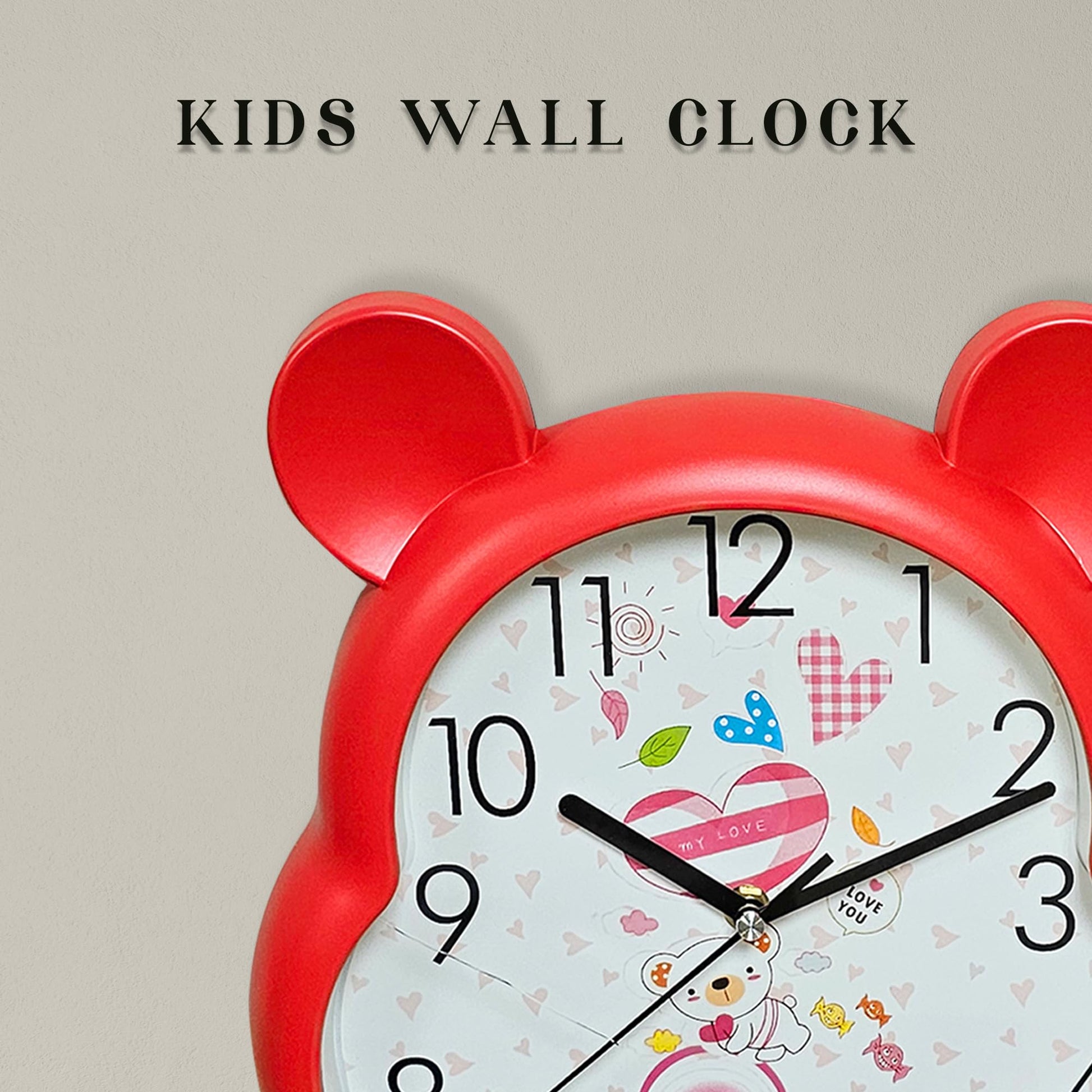 red non-ticking wall clock for kids, red frame quartz clock for nursery, large numbers round clock red, battery powered silent children's clock, 35 cm red wall clock