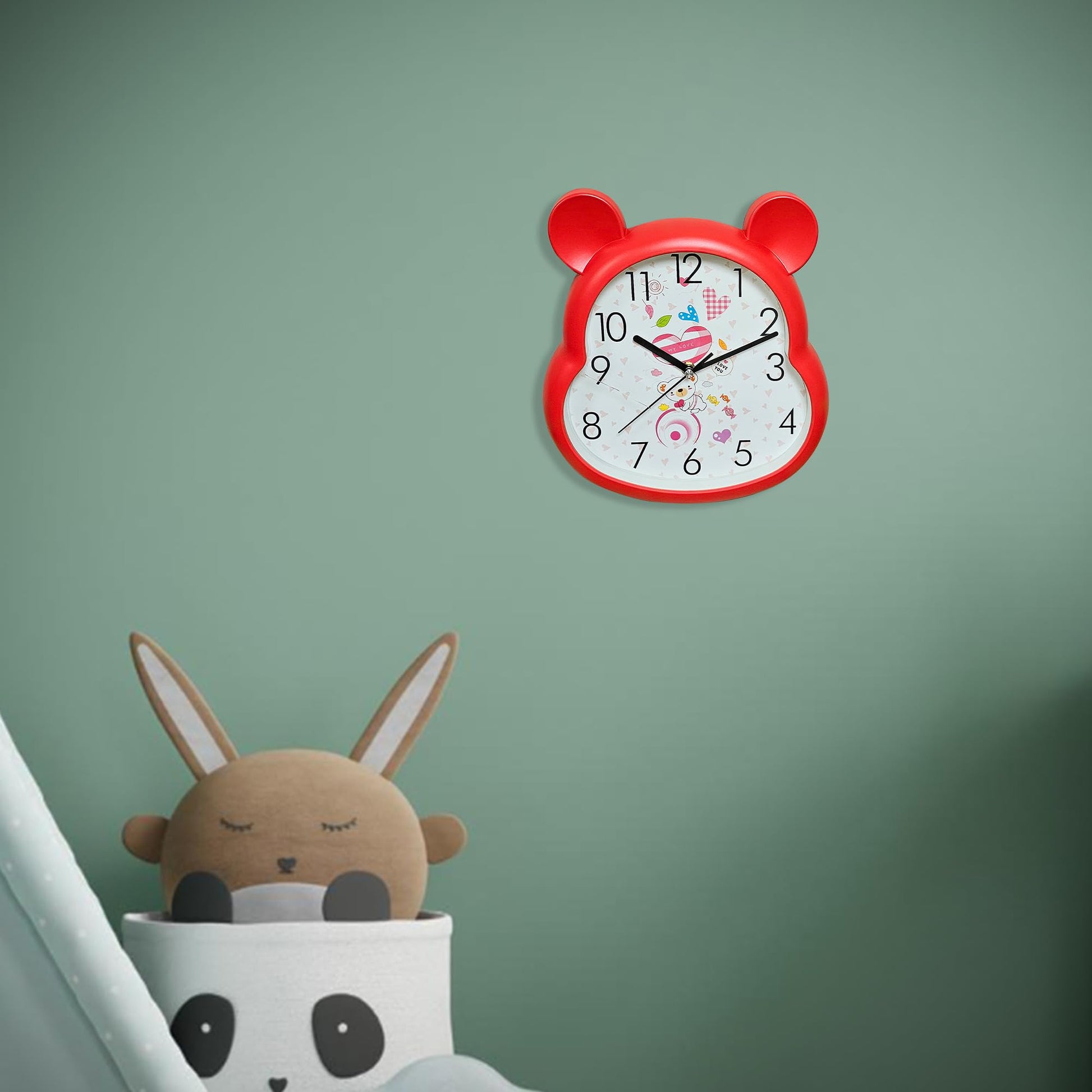 red non-ticking wall clock for kids, red frame quartz clock for nursery, large numbers round clock red, battery powered silent children's clock, 35 cm red wall clock