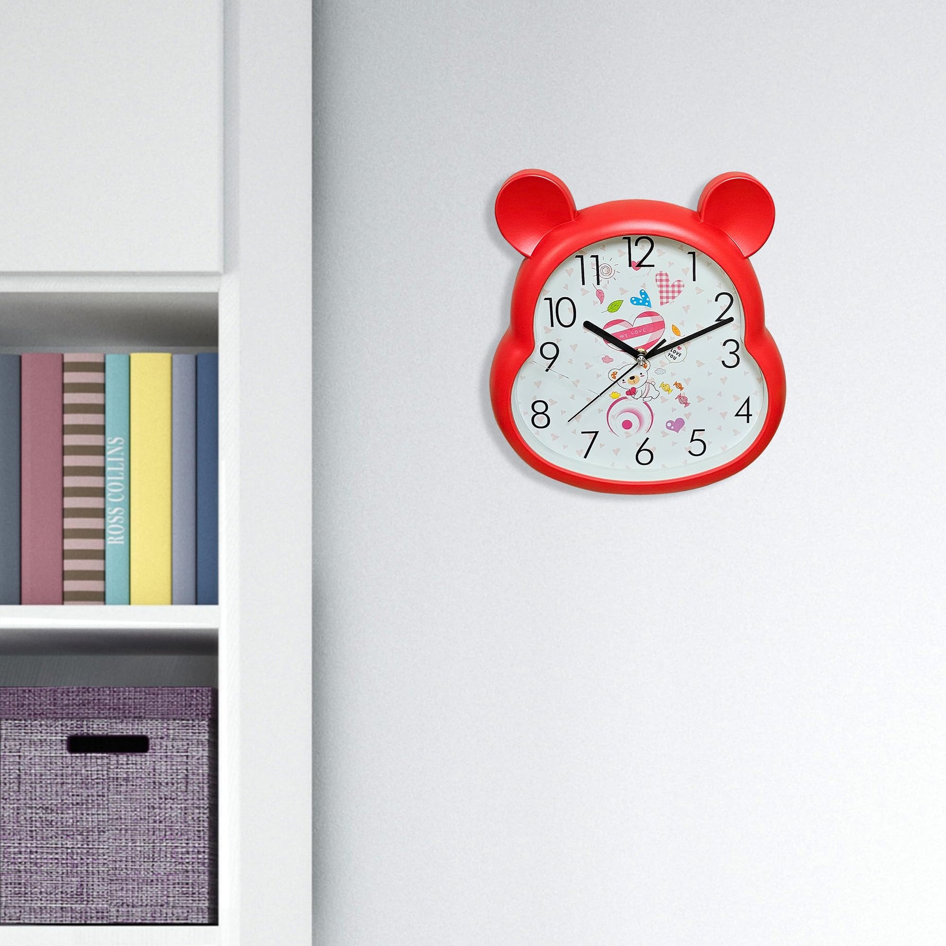 red non-ticking wall clock for kids, red frame quartz clock for nursery, large numbers round clock red, battery powered silent children's clock, 35 cm red wall clock
