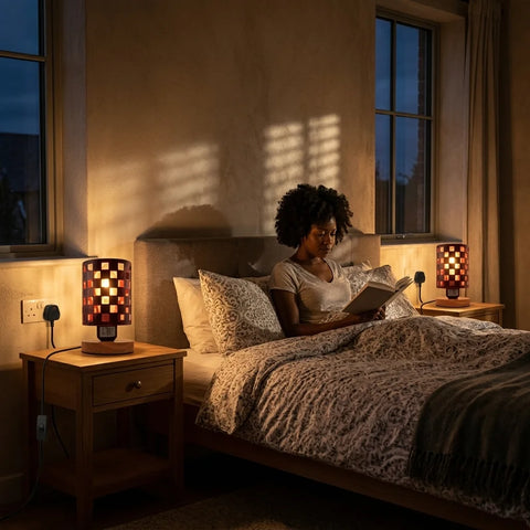 Klein nachtkastje lampje antiek messing + houten standaard ~5353