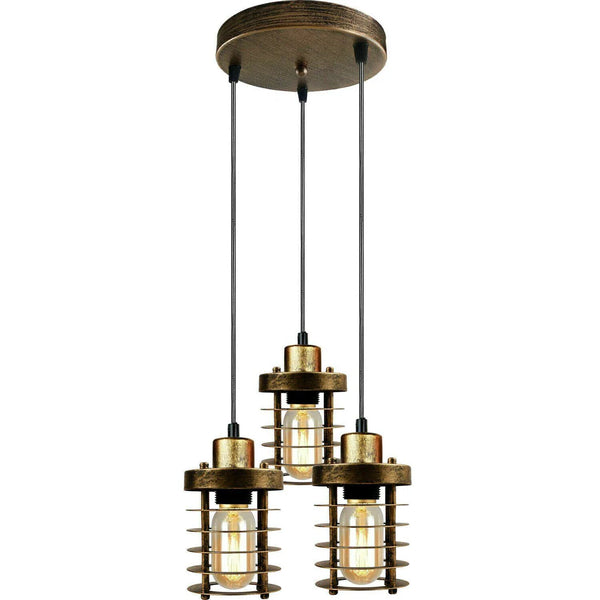 Cluster 3-lichts plafondlamp in de vorm van een metalen kooi. ~5313 – Geborsteld koper / Ja