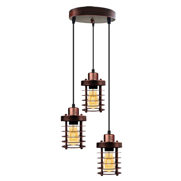 Cluster 3-lichts plafondlamp in de vorm van een metalen kooi. ~5313 – Rustiek Rood / Ja