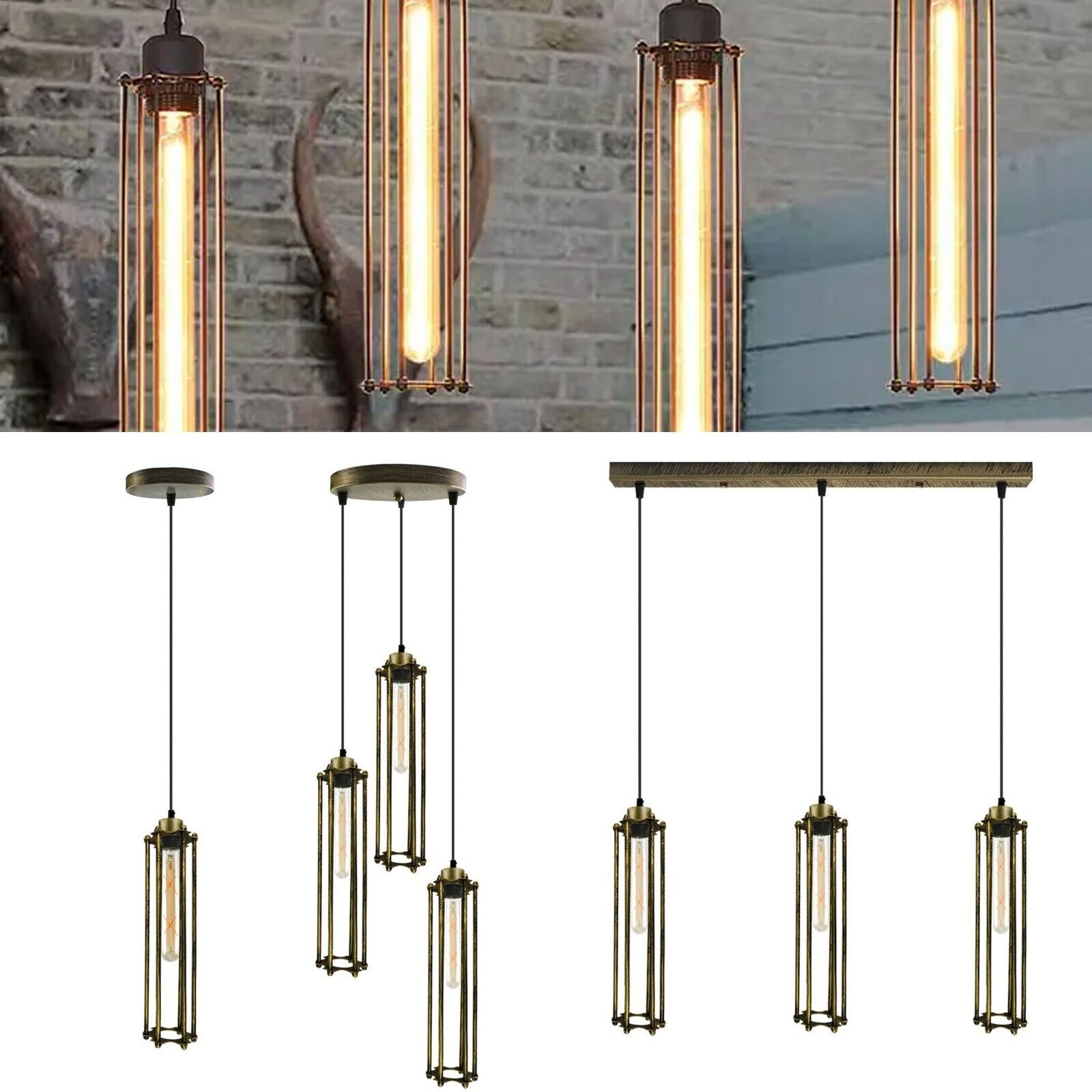 Three industrial style pendant ceiling lights