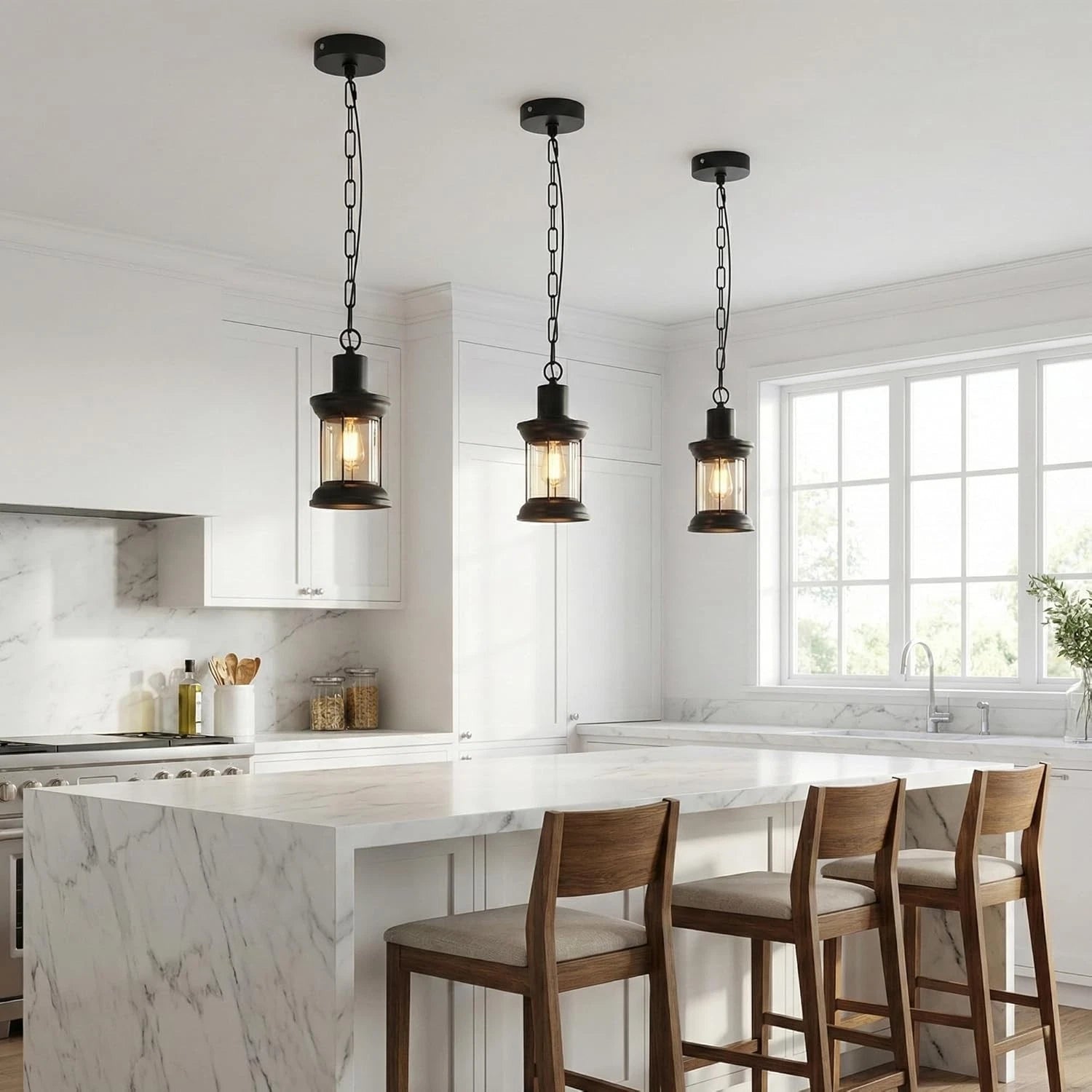 Modern kitchen with marble island, wooden stools, and pendant lights.