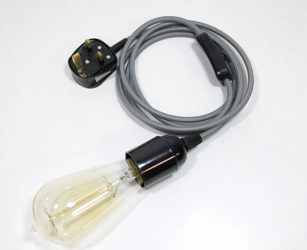 4m stoffen flexkabel UK roségoudkleurige plug-in hanglampset E27-lamphouder + schakelaar ~ 3753 – Grijs
