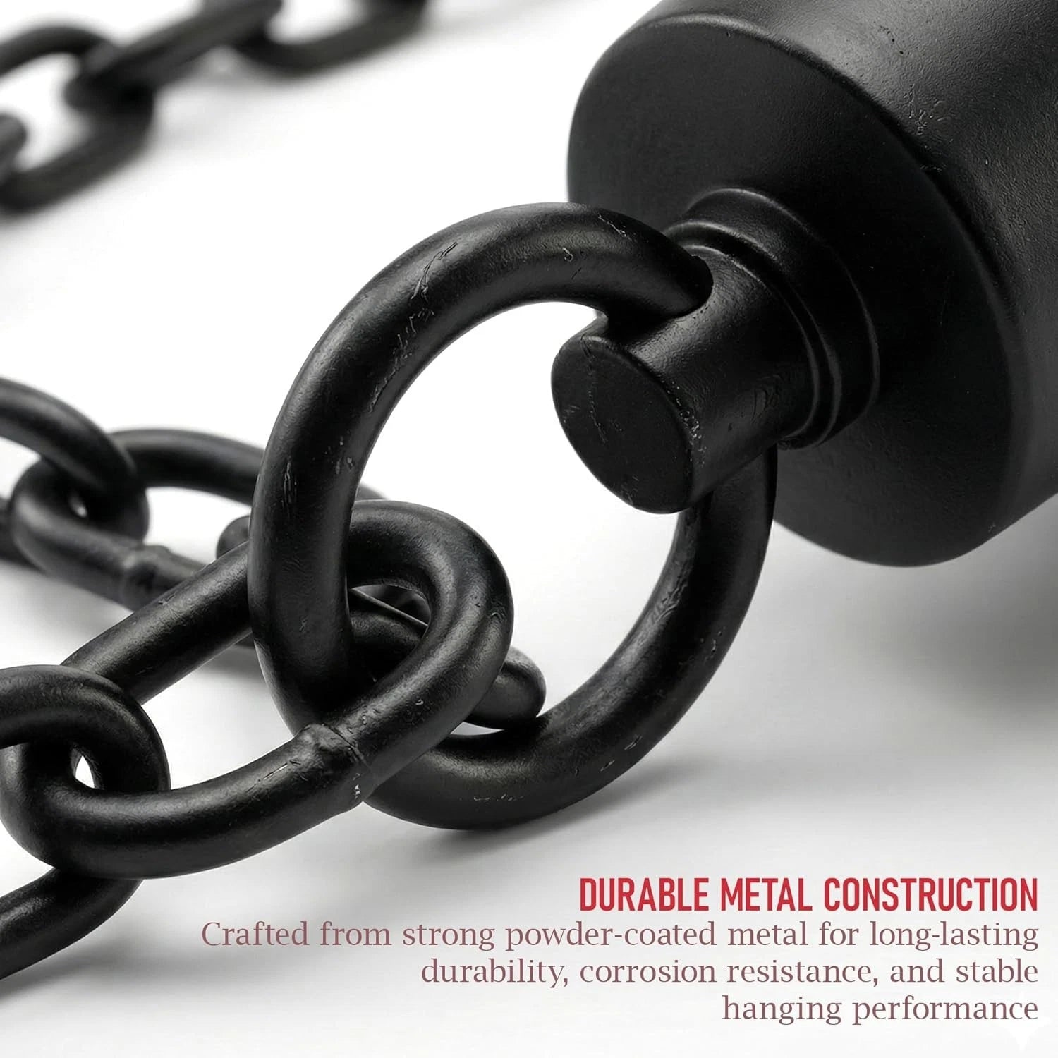 Close-up of a black metal chain with a clasp on a white background, featuring text about durable metal construction.