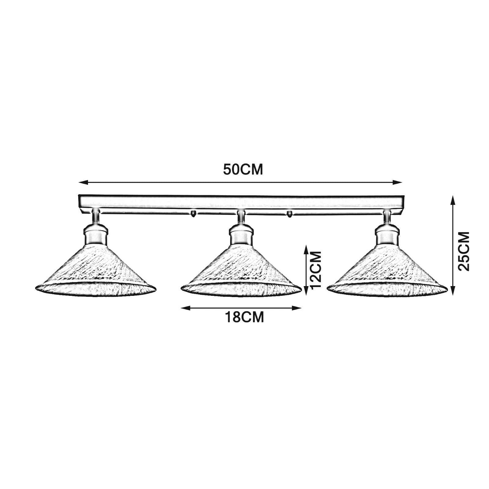 Measurement chart of a three-light fixture with dimensions labeled.