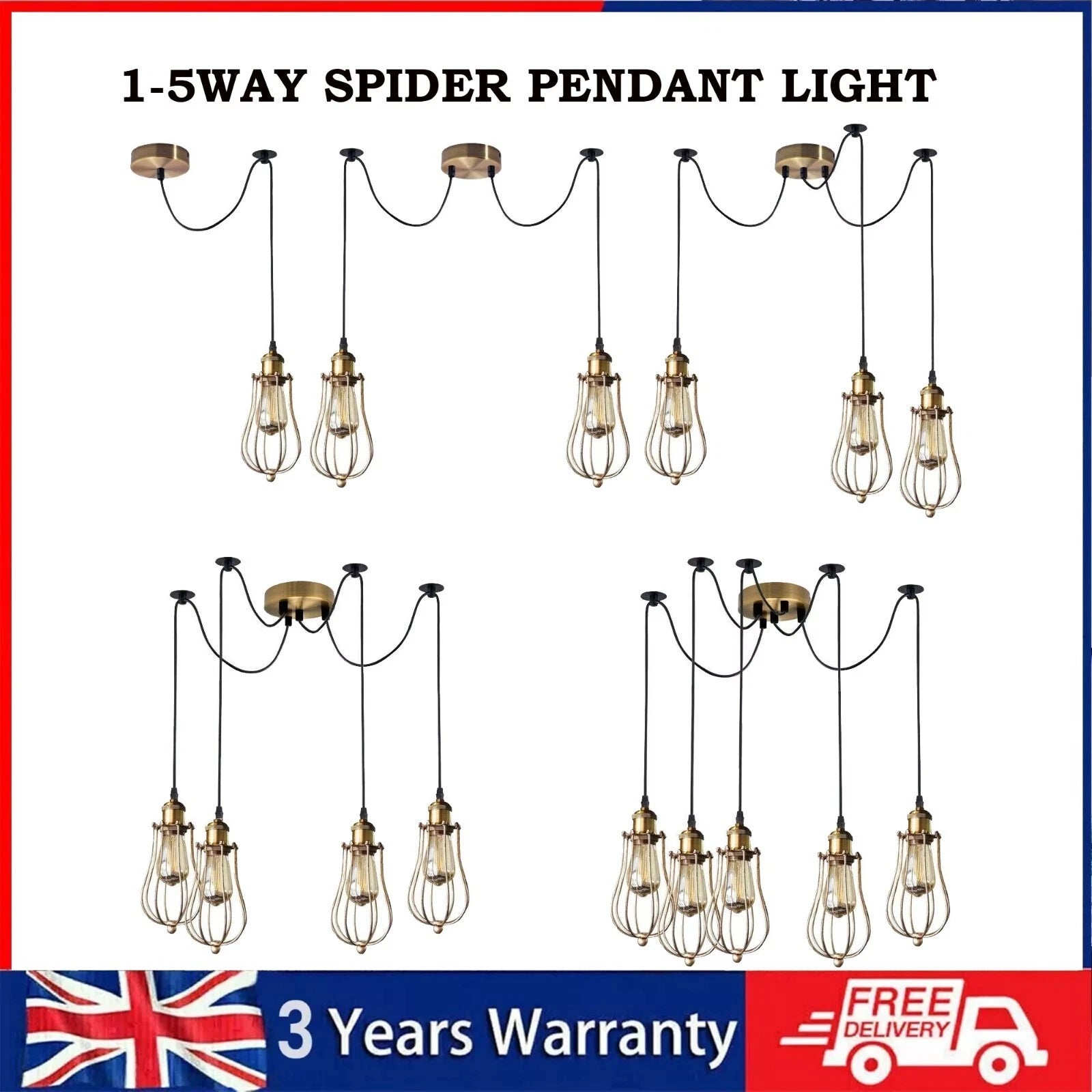 1-5 Way Spider Pendant Light with clear glass shades on a white background, featuring a British flag and free delivery icon.