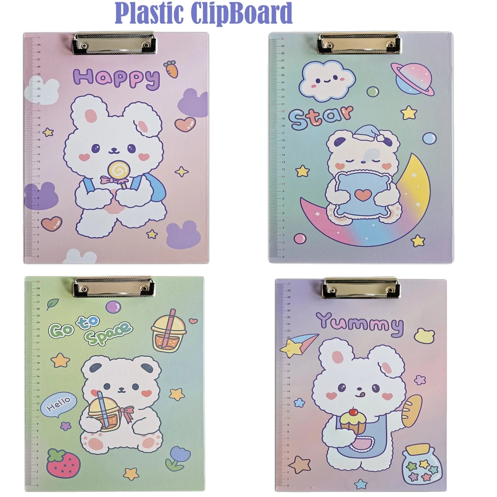 Four colorful clipboards