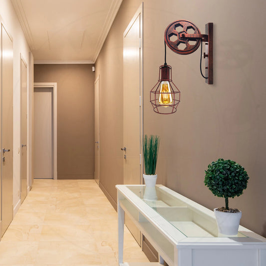 Rustieke rode loft-stijl wandlamp met antieke lift en intrekbare katrol voor wandverlichting~1912