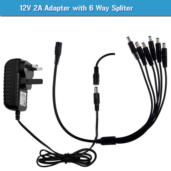 12V CCTV-voedingsadapter en 2/4/6/8-splitter 2A PSU-connector ~ 2365 – 12V 2A-adapter + 6-voudige splitterkabel