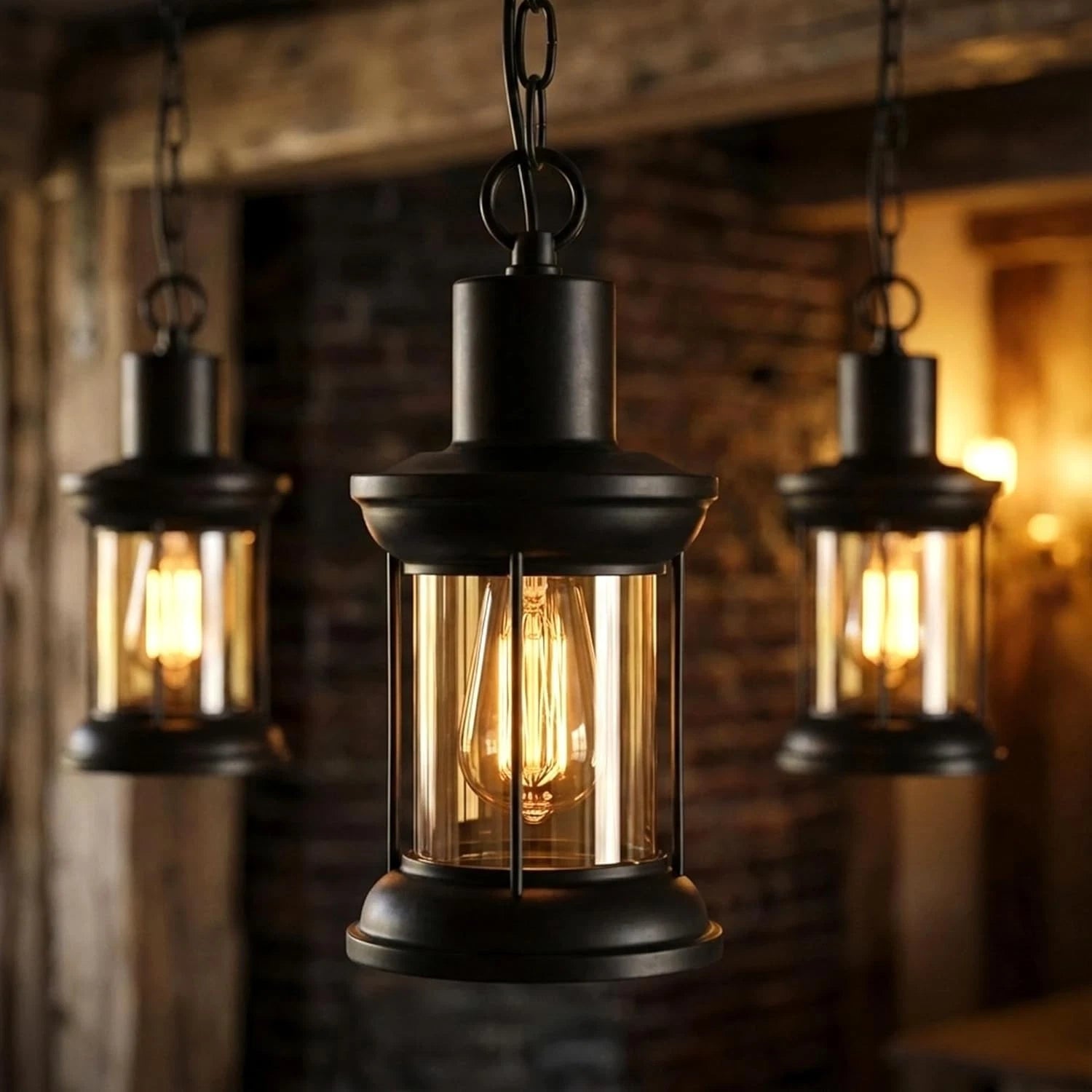 Three hanging lantern-style lights with glowing bulbs against a rustic brick wall.