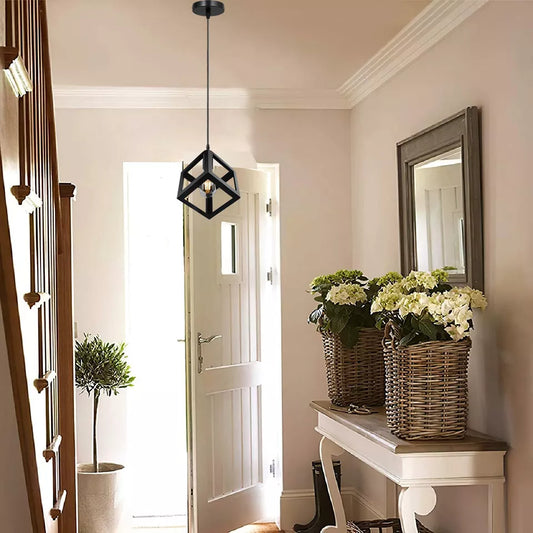 Zwarte moderne hanglamp met industriële vierkante metalen lijst ~ 1987