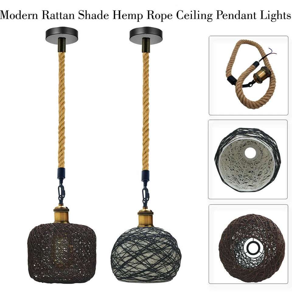 Modern rattan shade hemp rope ceiling pendant lights