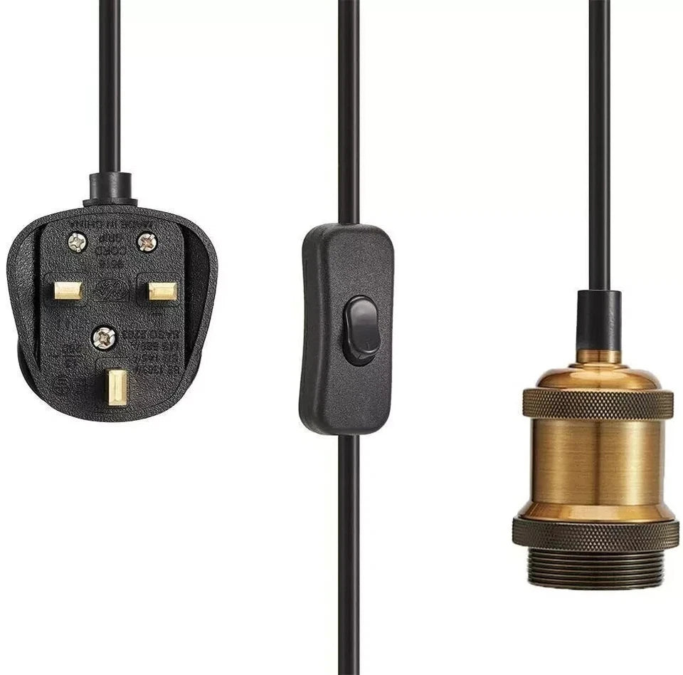 Black plug, switch, and brass lamp socket
