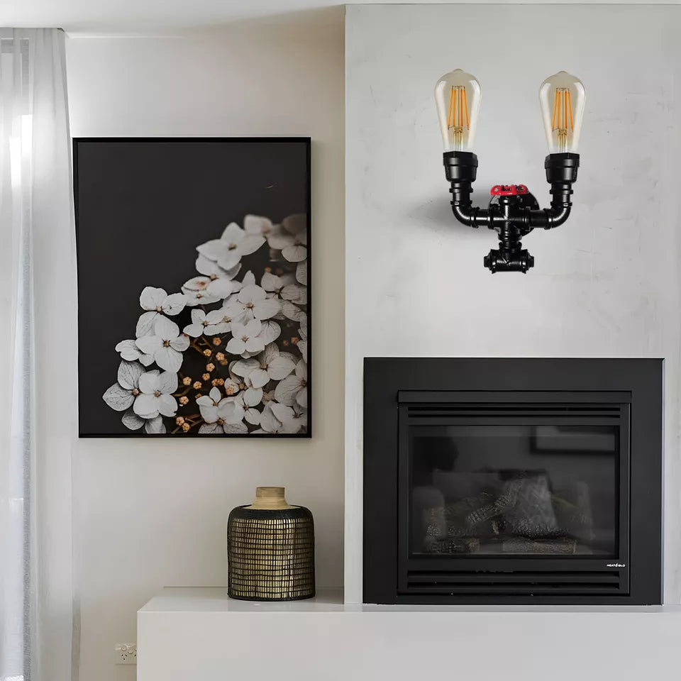 Vintage twin waterpipe wall light with bulb