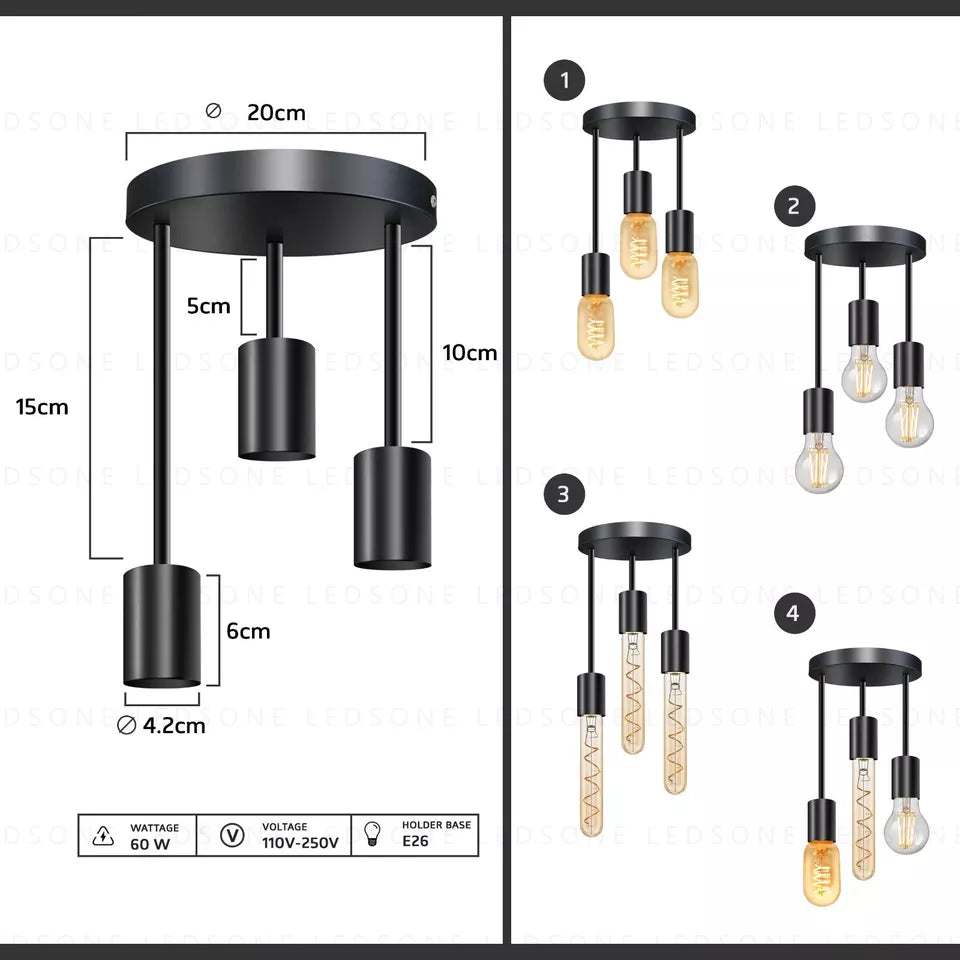 A modern 3-way metal E27 black flush mount ceiling light fixture with a round base, shown in different sizes and configurations with an illustration of the light pattern.