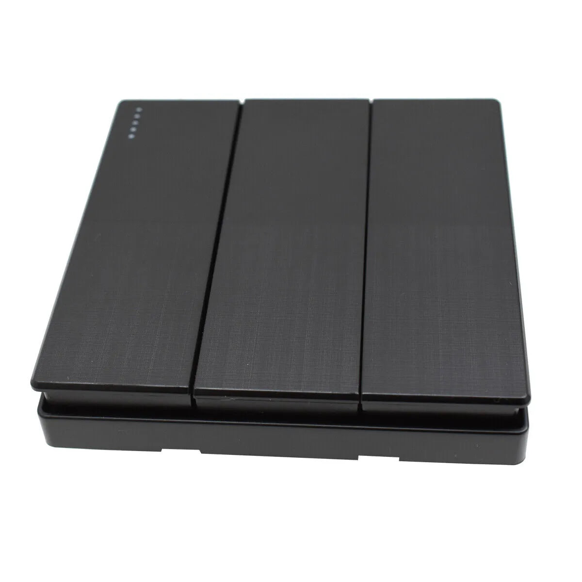 A black, screwless 1/2/3 gang wall switch with a smooth finish suitable for UK standard light switch sockets.