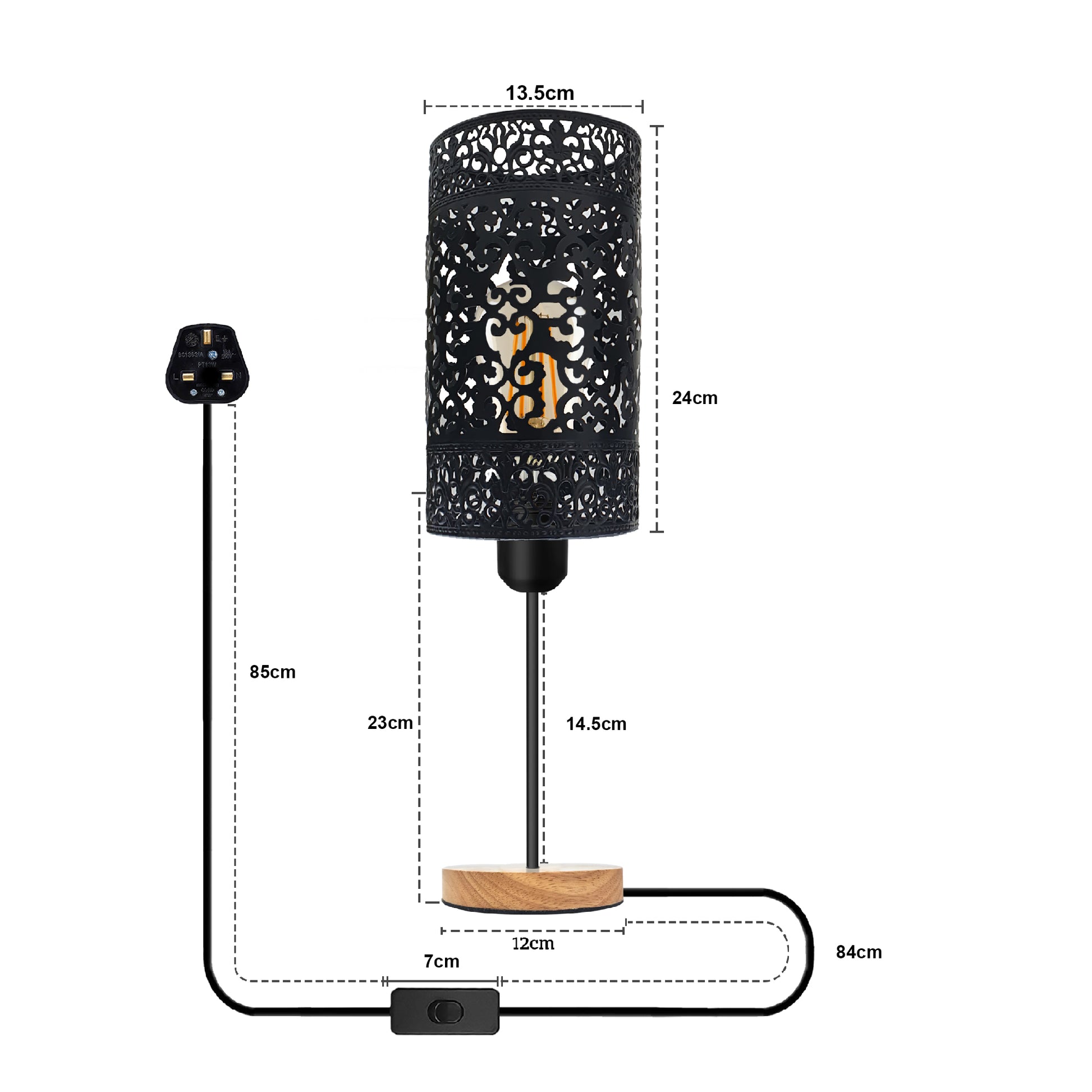 Plug in On/Off switch Wood Base Metal wire cage Light