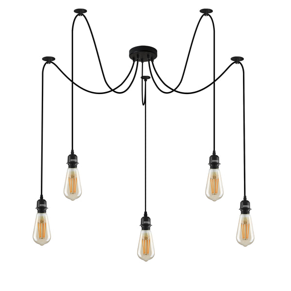 Zwarte hanglamp Spider met rubberen kabel, metalen lamphouder~1122  – 5 Head Spider Pendant / Yes