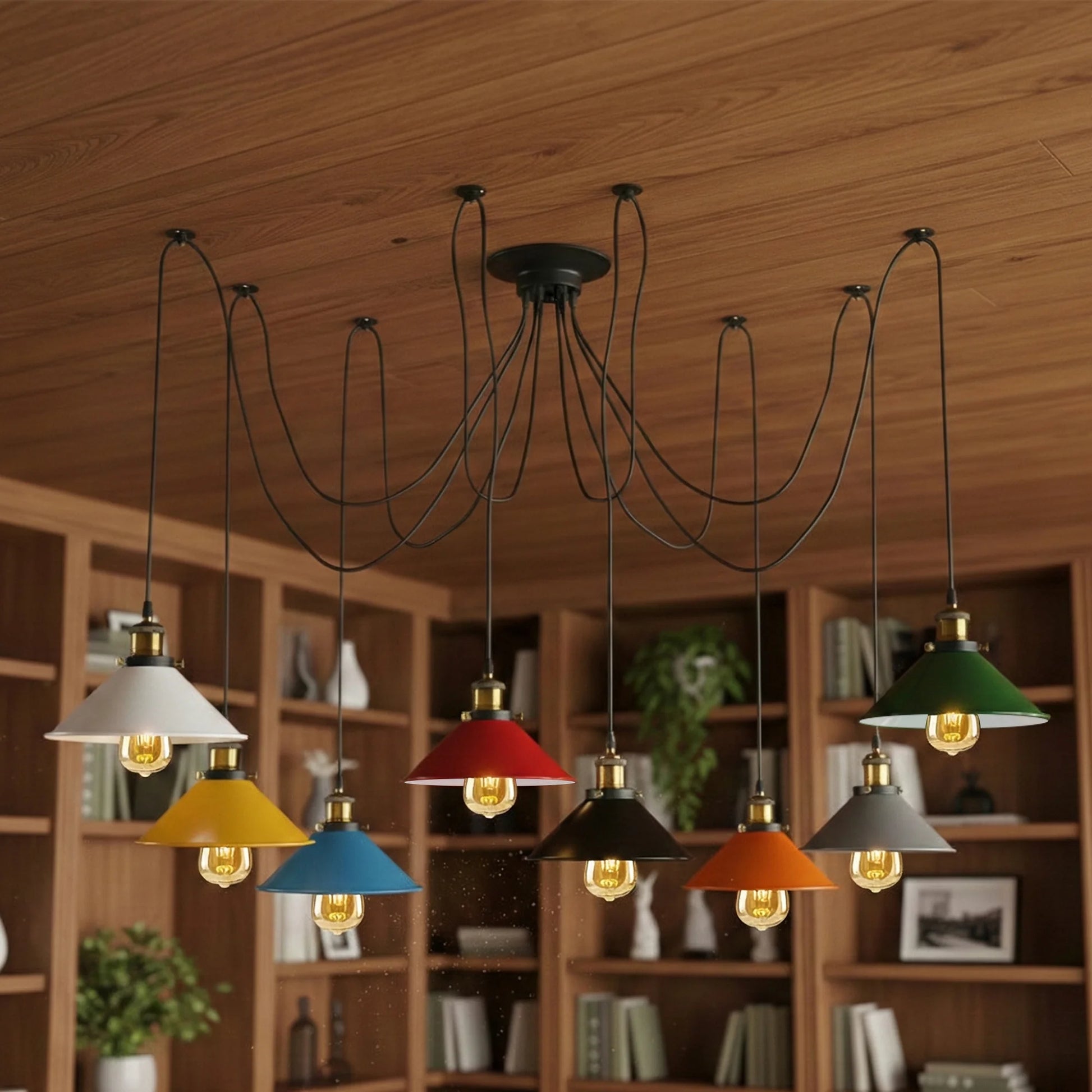 Chandelier with colorful pendant lights in a room with wooden shelves.