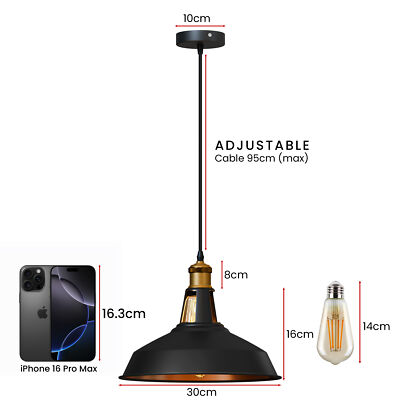 Black pendant light with measurements on a white background