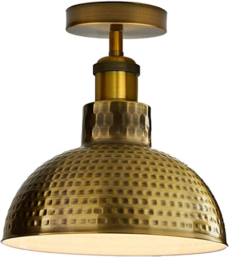 metal farmhouse fixture vintage yellow brass dome ceiling light, E27 retro flush mount 26 cm, antique brass industrial lighting, metal semi-flush ceiling fixture