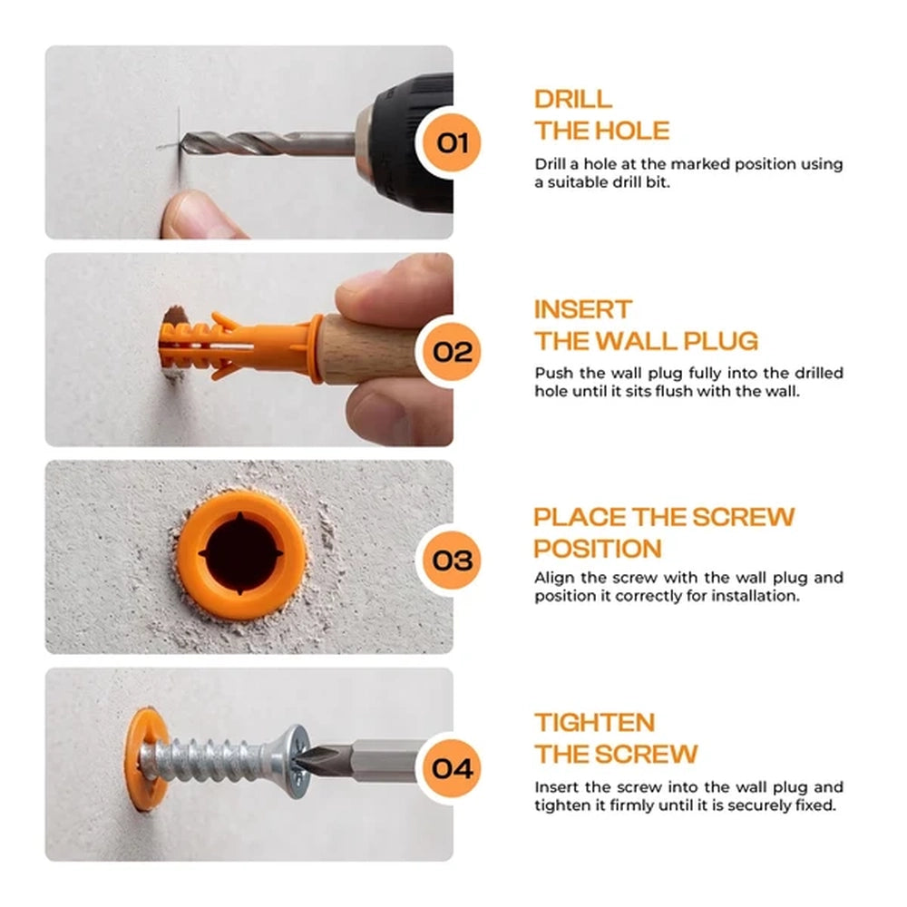 four steps to fit a wall plug: drill, insert, position screw, tighten