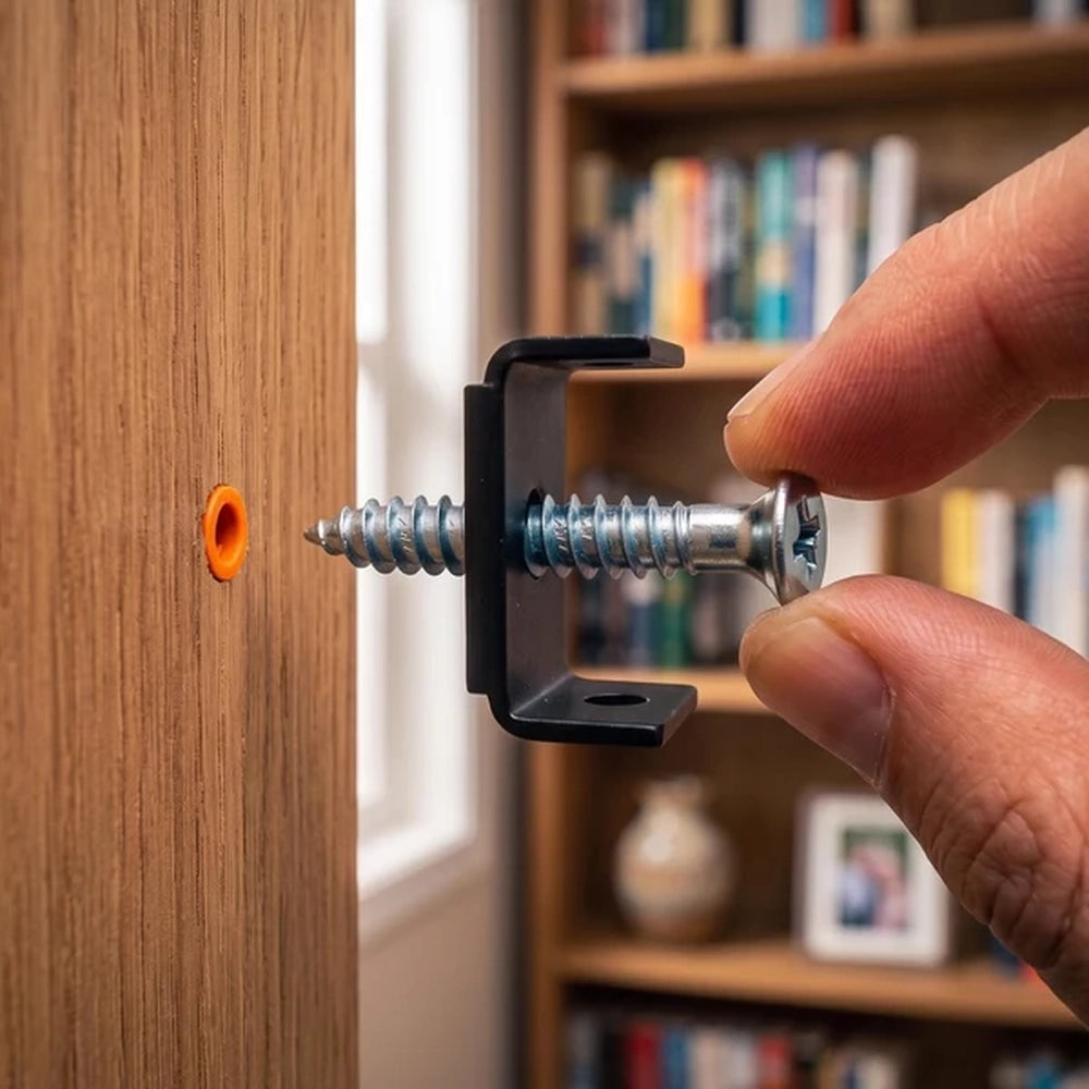 hand fixing a bracket to a wall with an orange wall plug and screw