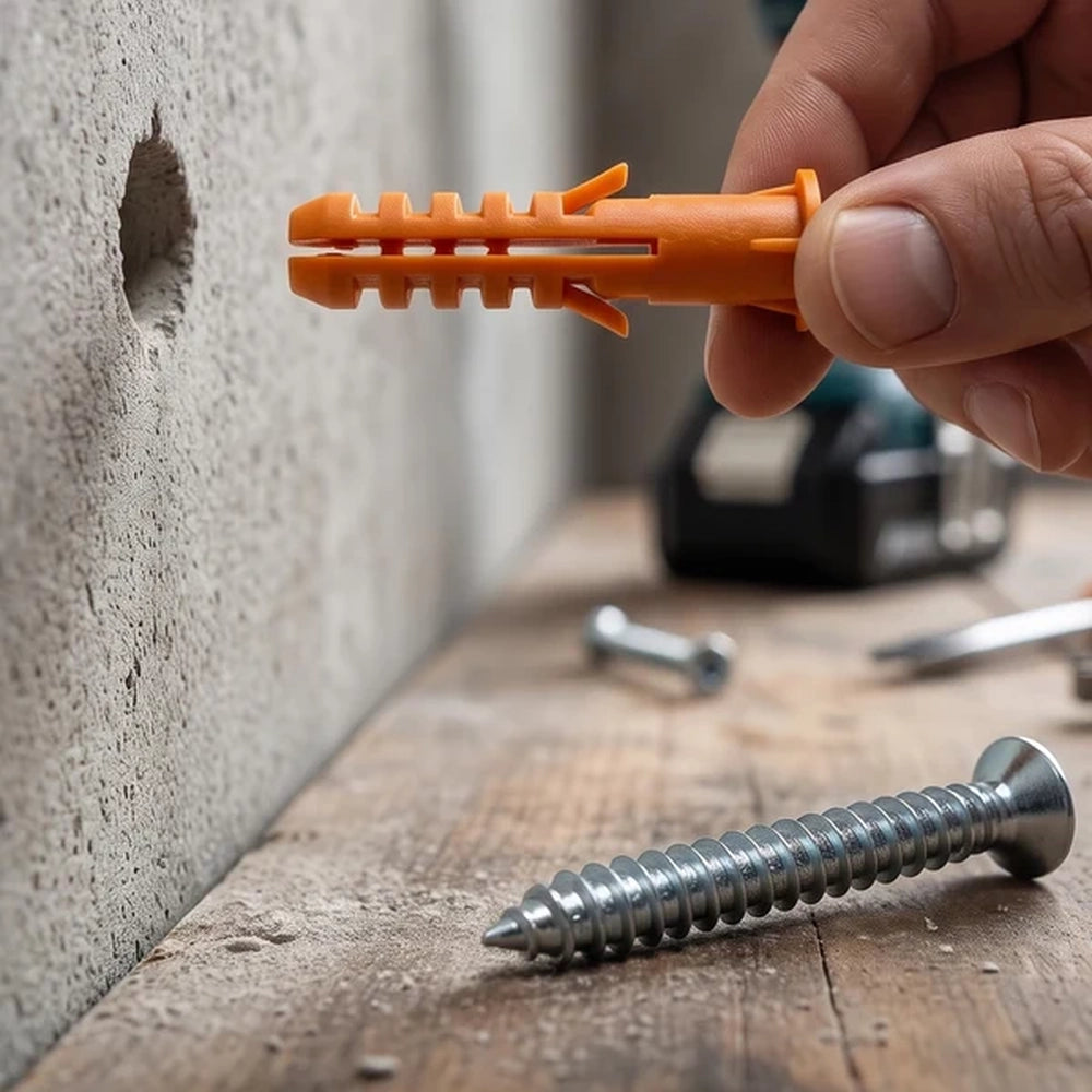hand inserting an orange wall plug into a drilled concrete wall