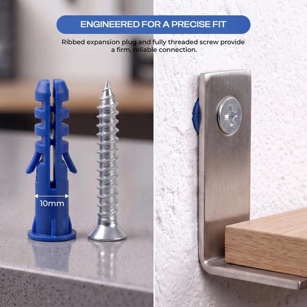 blue ribbed wall plug and screw fixing a metal shelf bracket