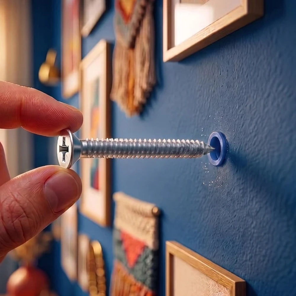 hand fitting a blue wall plug and screw into a blue wall