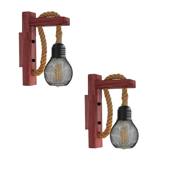 Touw Wandlampen Rustieke Vintage Houten Wandlampen ~4571 – 2-pack / Met lamp