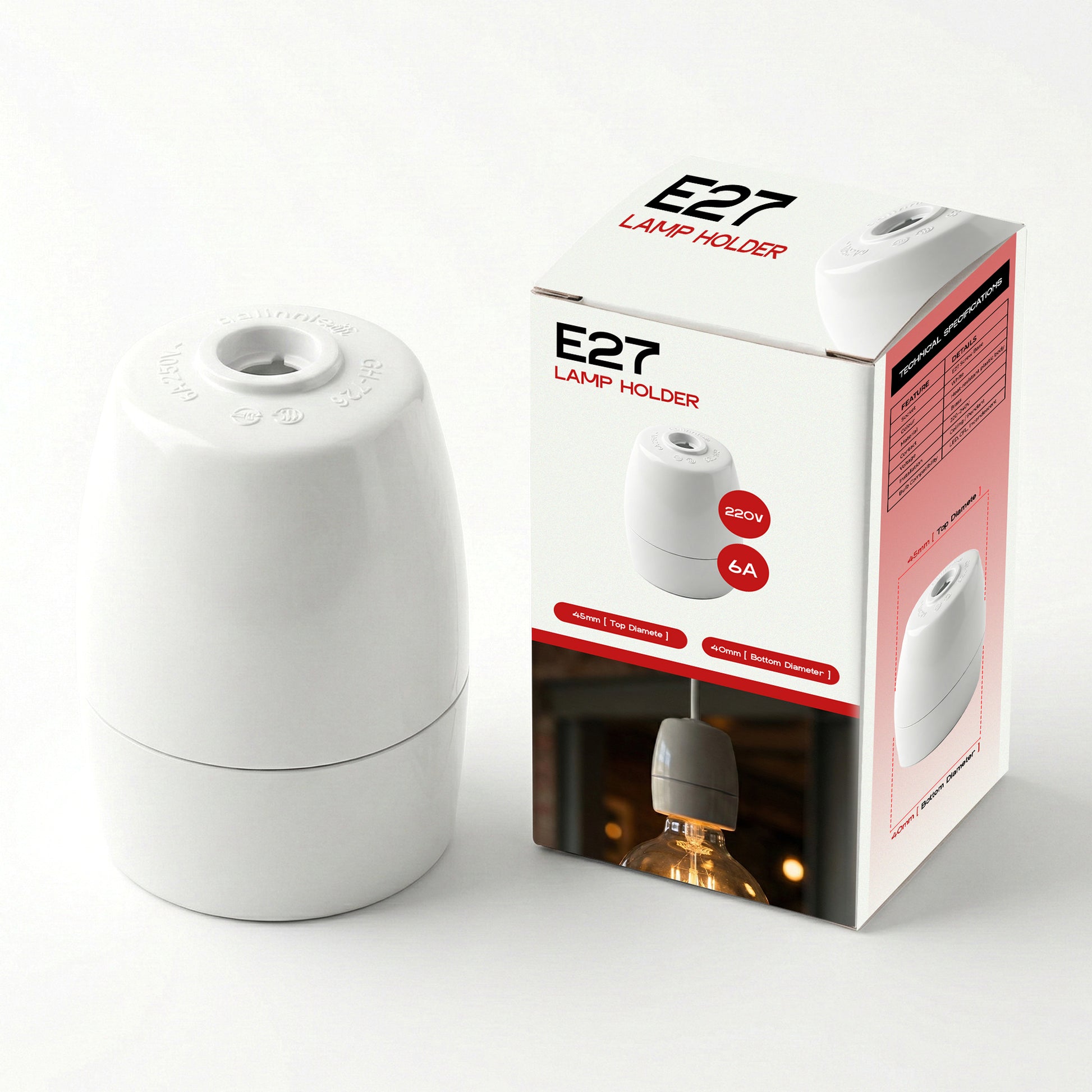 White lamp holder with packaging displaying 'E27 Lamp Holder' branding on a white background.