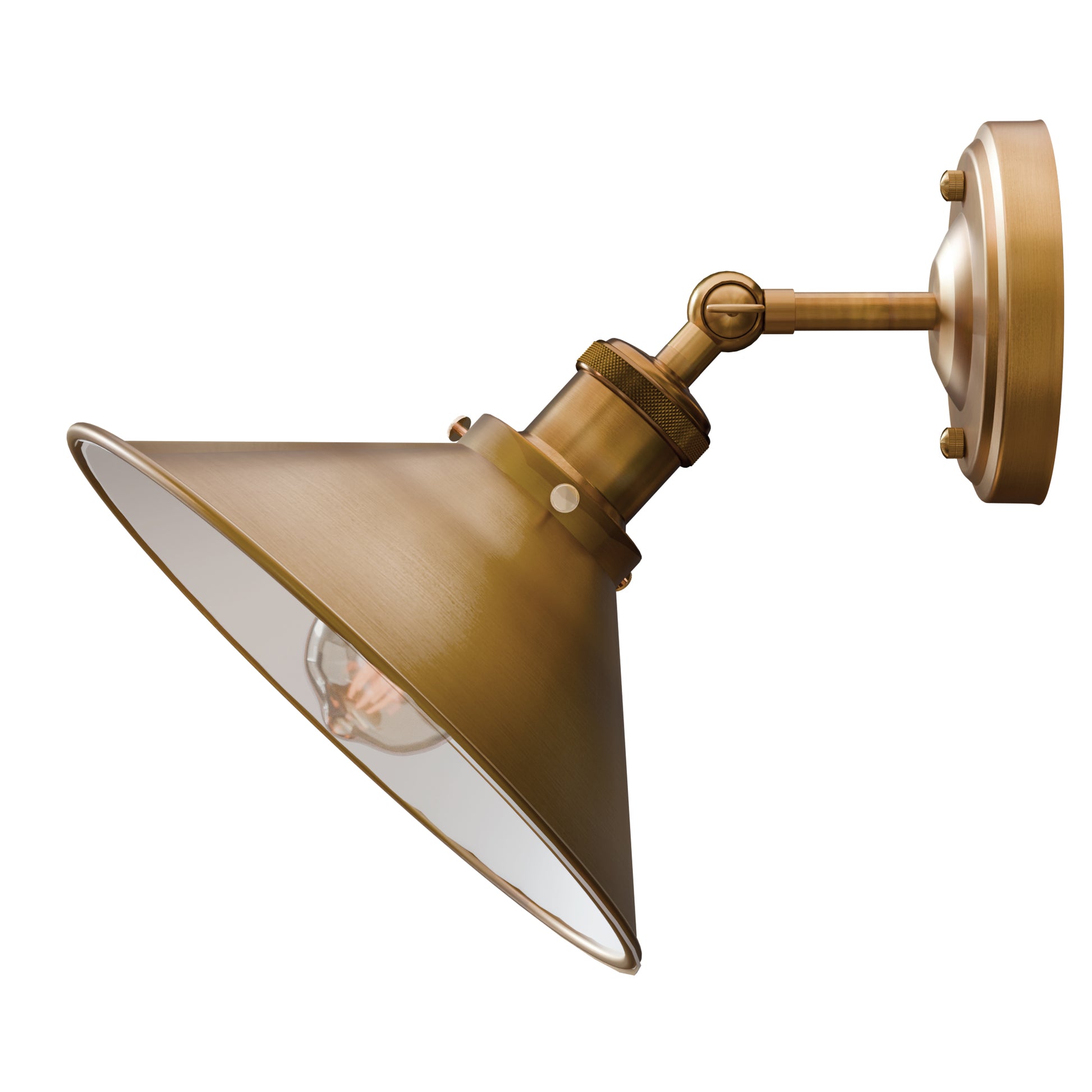 yellow brass coloured industrial metal wall light sconce with an adjustable arm and a cone-shaped shade, featuring a visible light bulb.