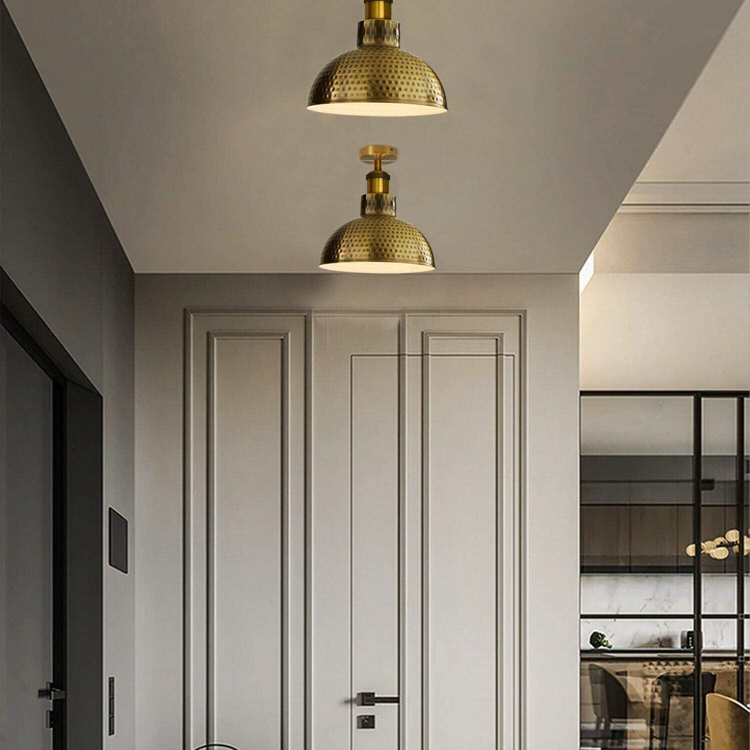 metal farmhouse fixture vintage yellow brass dome ceiling light, E27 retro flush mount 26 cm, antique brass industrial lighting, metal semi-flush ceiling fixture