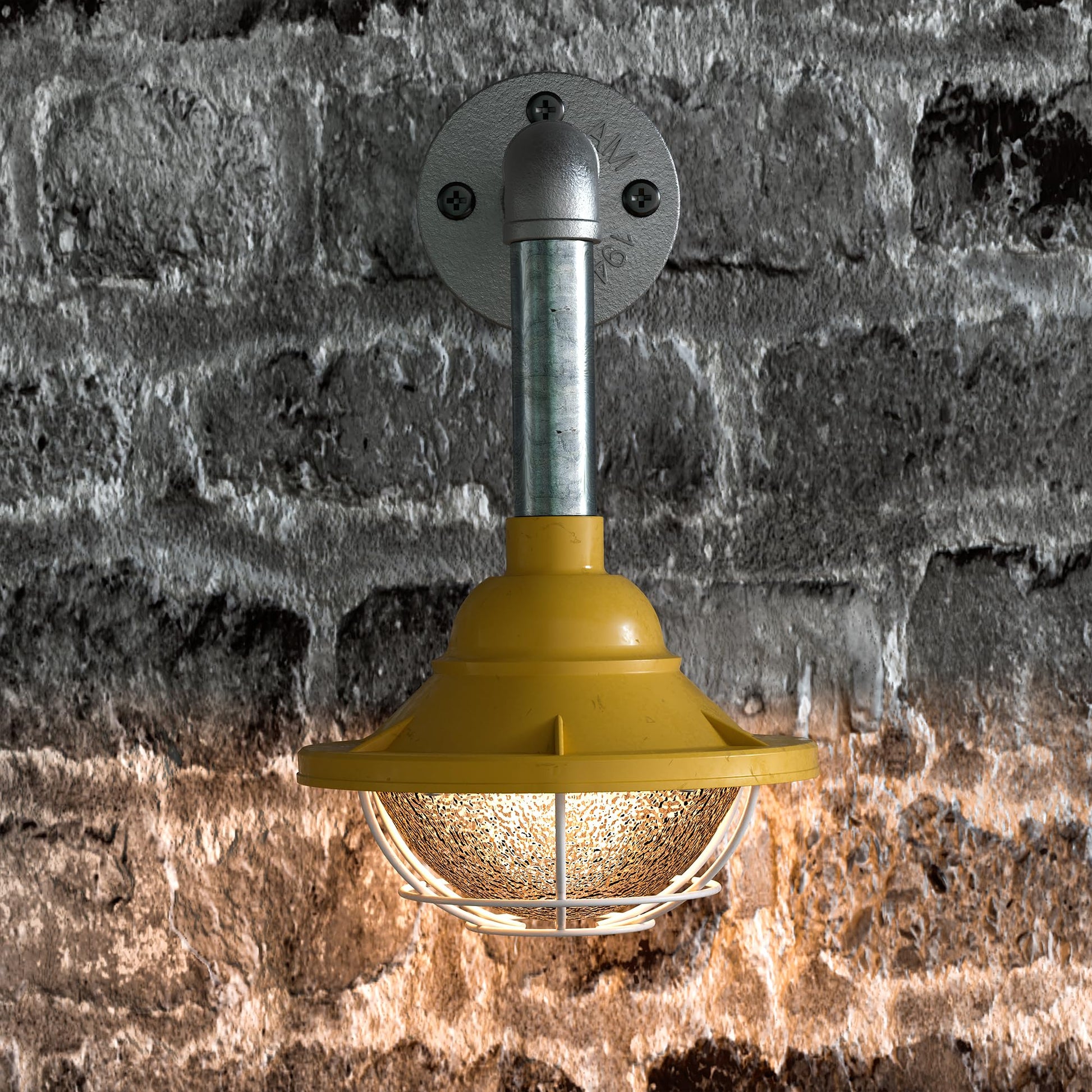 yellow conduit wall light 2-pack, E27 bulb included metal sconce, yellow industrial wall lamp pair, galvanized pipe light 10.5cm, vintage loft wall fixture fisherman light