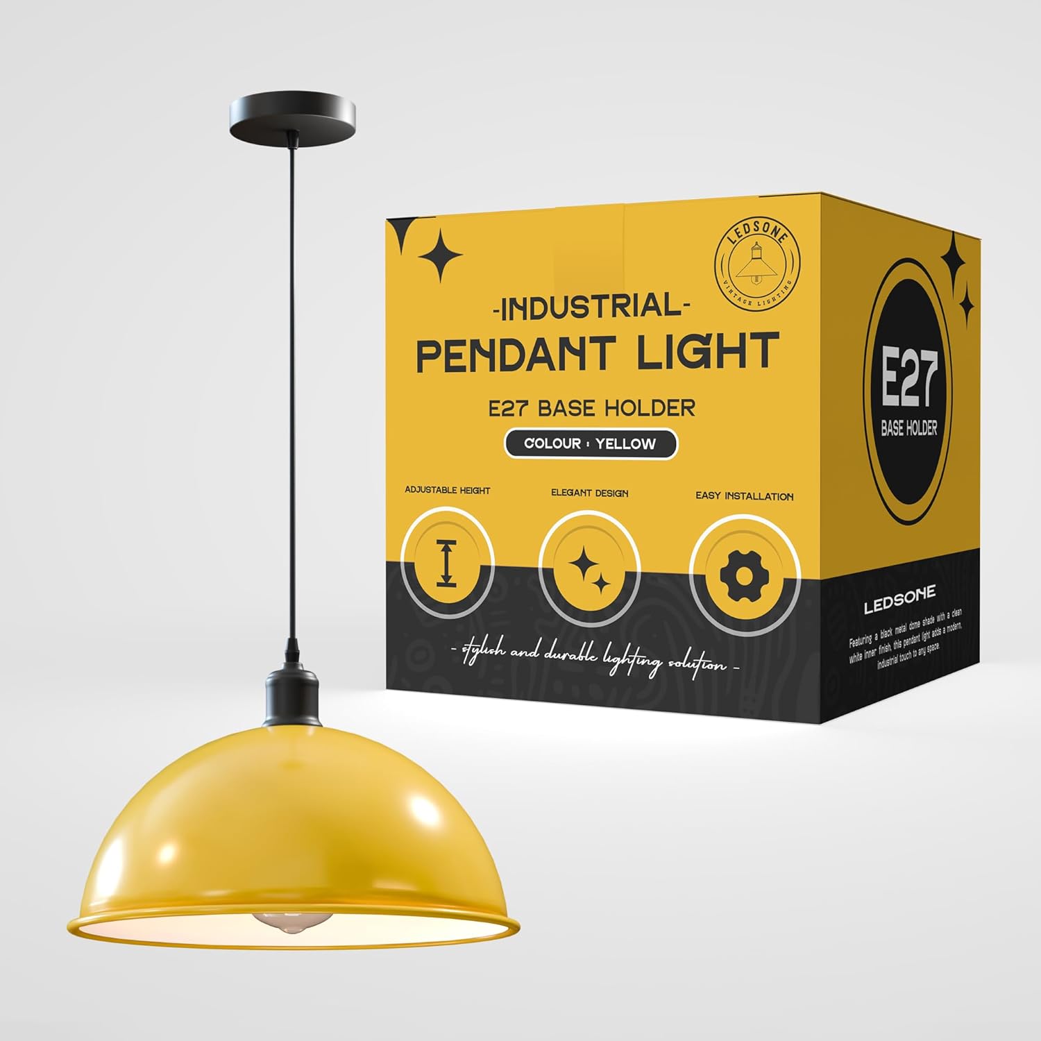 yellow dome pendant light, bright yellow hanging lamp, single E27 yellow ceiling light, metal dome light for breakfast nook, adjustable yellow kitchen light