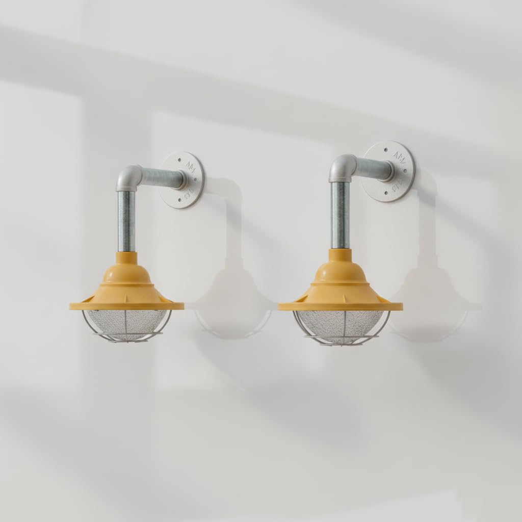 yellow galvanised steel wall light, E27 socket wall lamp 2-pack, industrial pipe light no bulb, yellow metal wall sconce, 10.5cm retro wall light