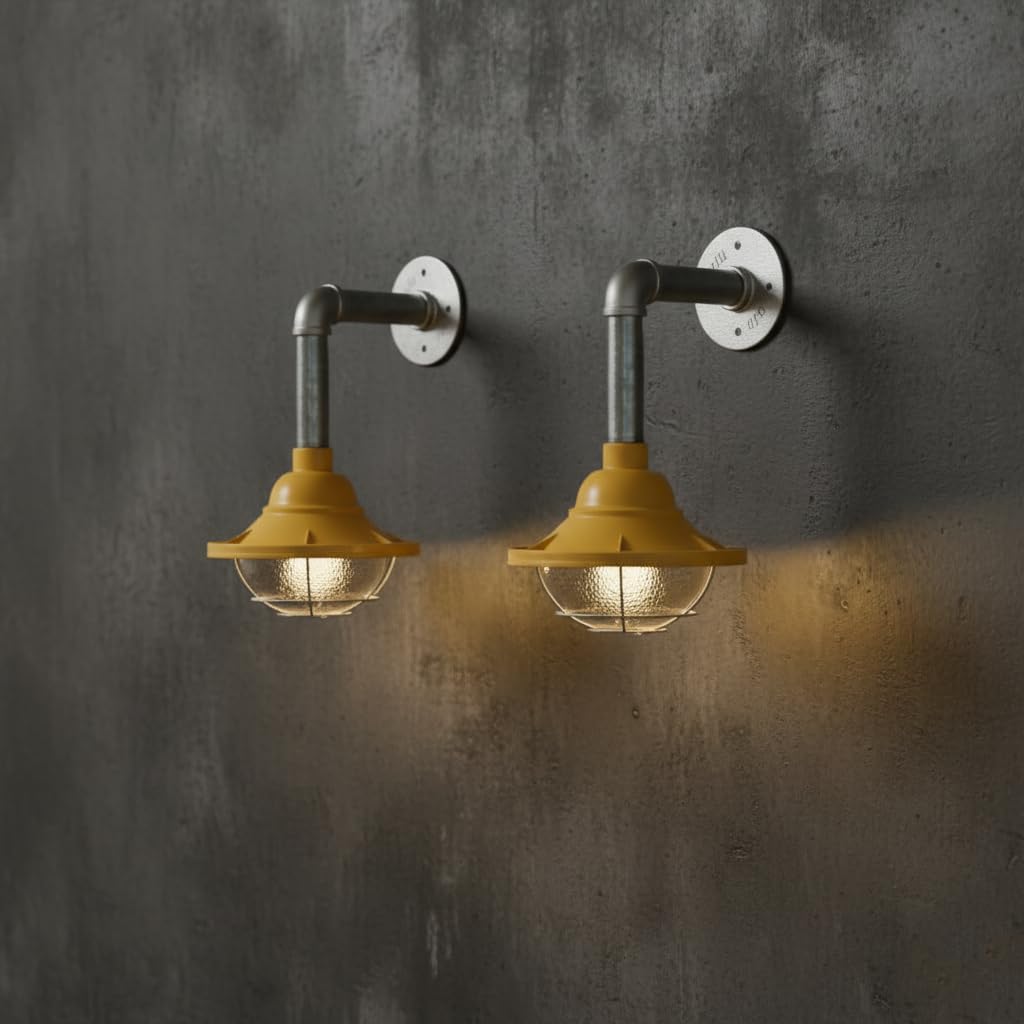 yellow galvanised steel wall light, E27 socket wall lamp 2-pack, industrial pipe light no bulb, yellow metal wall sconce, 10.5cm retro wall light