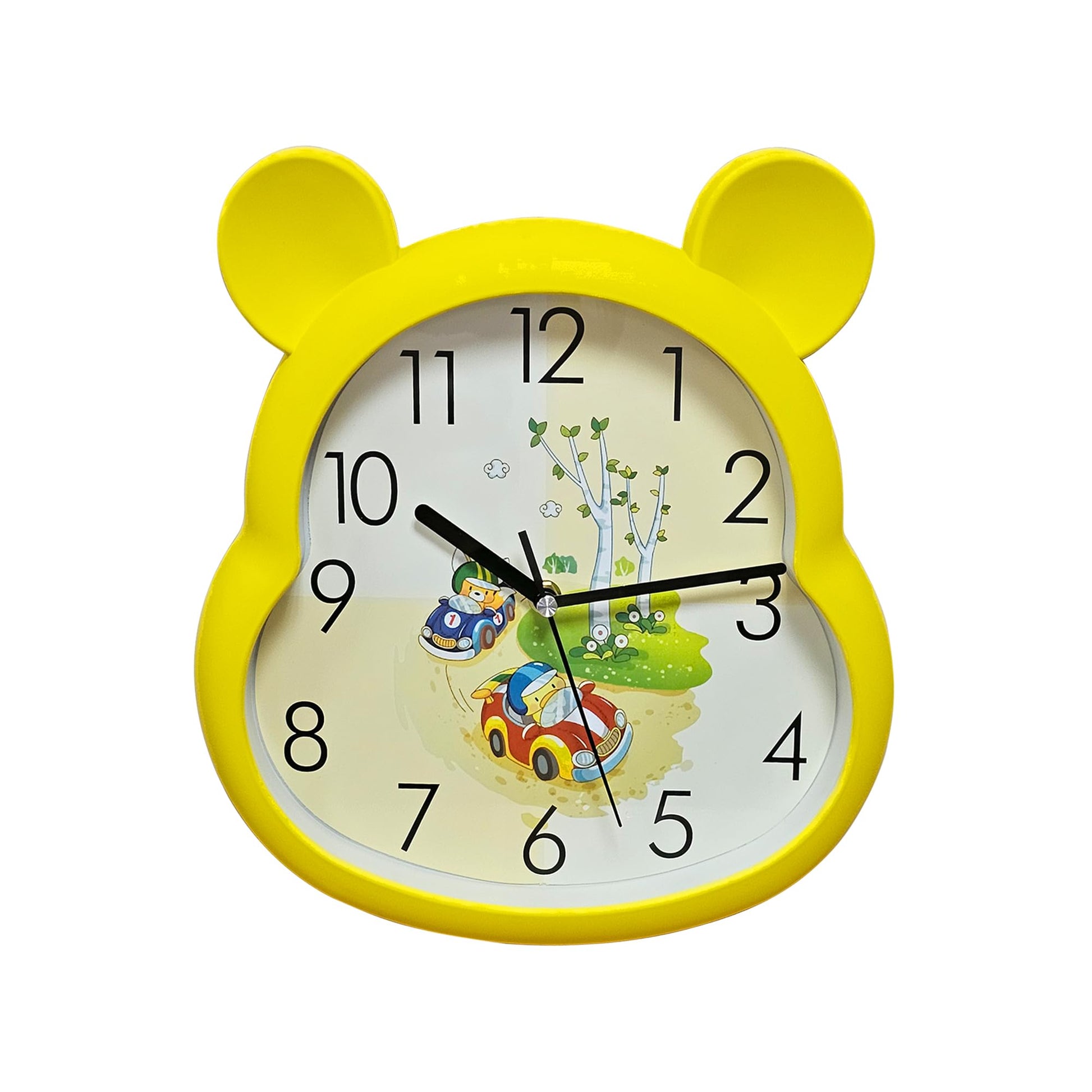 yellow non-ticking wall clock for kids, yellow quartz clock for classroom, 35 cm round wall clock yellow, battery powered silent children's clock, large numbers round clock yellow
