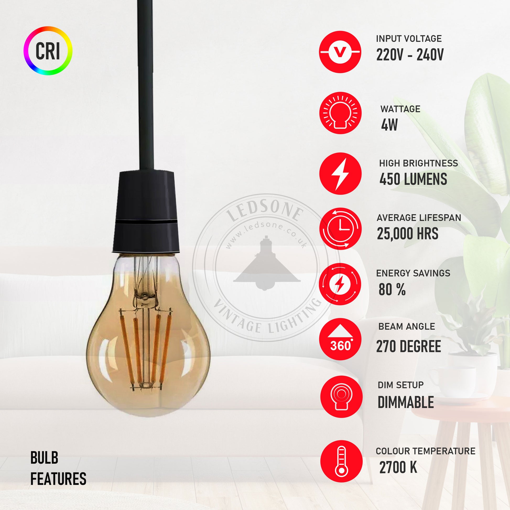 A60 E27 4W Dimmable LED Vintage Classic Light Bulb-Details
