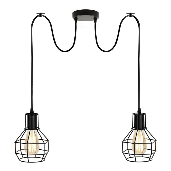 2-lichts zilveren Spider-hanglamp voor binnen - kooiontwerp ~3489 – Zwart / Met lamp