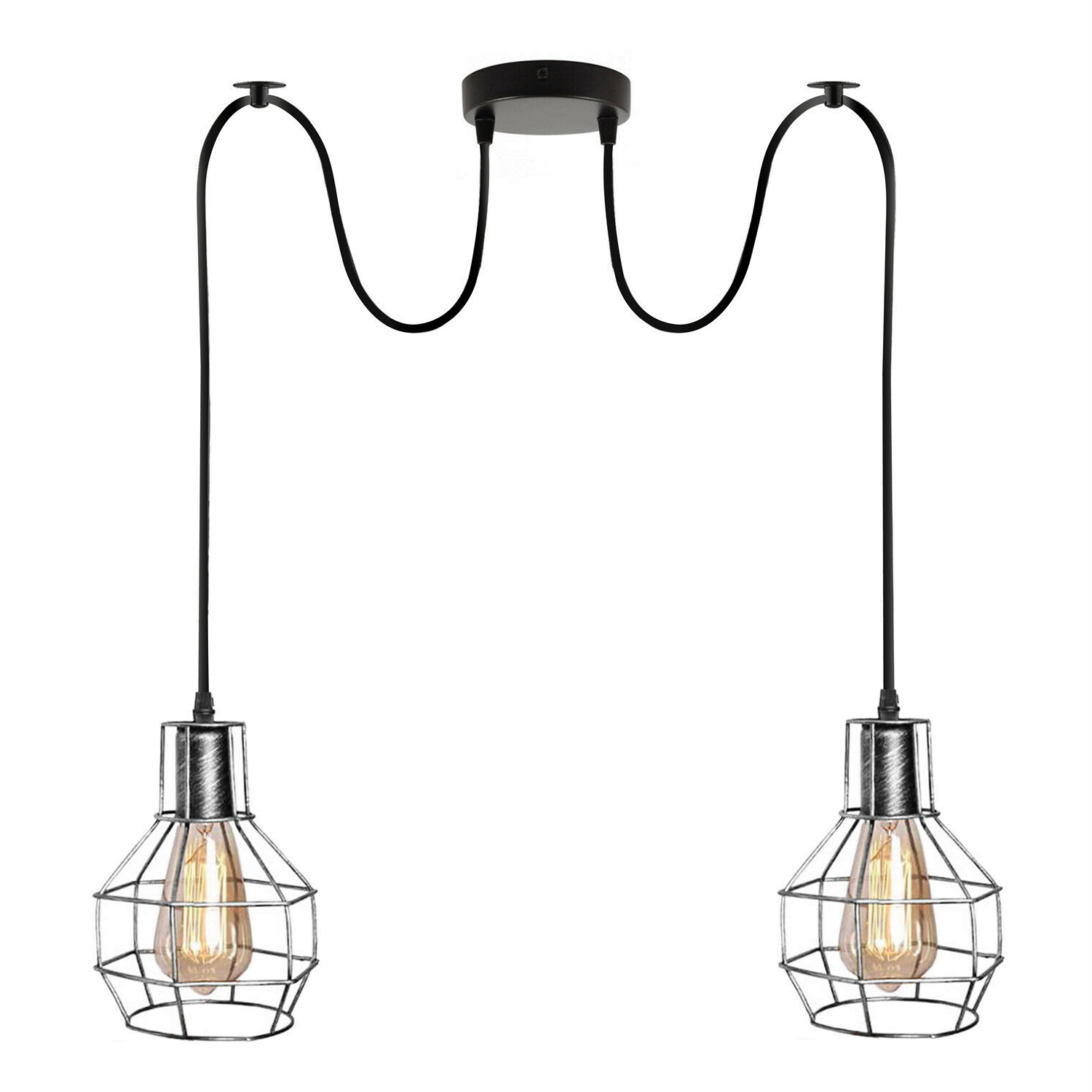 Brushed Silver Nest Cage Retro Industrial 2 Way Indoor Ceiling Pendant Chandelier Hanging Light Metal~3491 - LEDSone UK Ltd