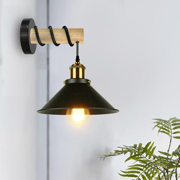 Moderne gecombineerde kroonluchter met massief houten arm en metalen kegelvormige wandlamp~3471 – Zwart