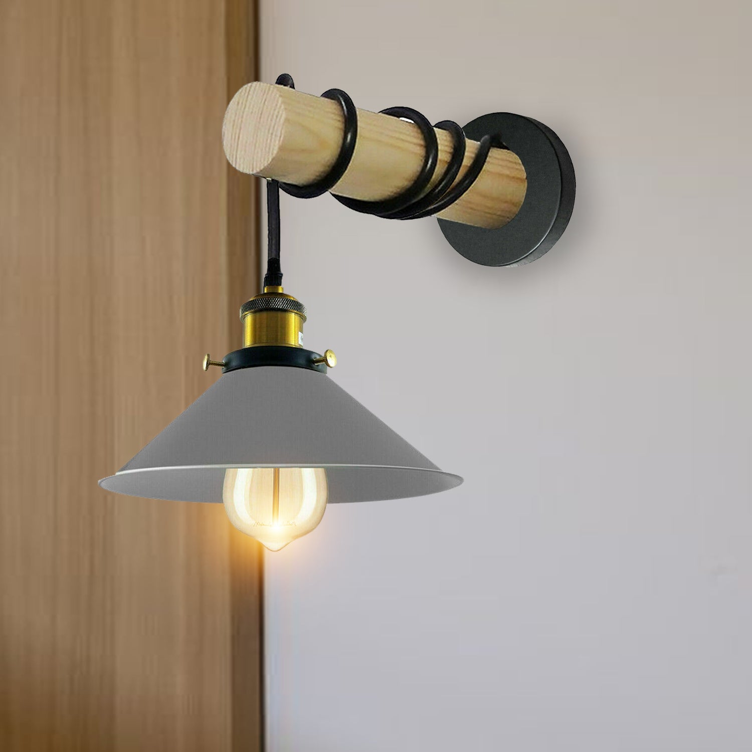 Modern Combined Solid Wooden Arm Chandelier Lighting With Grey Cone Shaped Metal Shade wall sconce~3472 - LEDSone UK Ltd