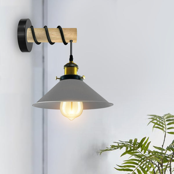 Moderne gecombineerde kroonluchter met massief houten arm en metalen kegelvormige wandlamp~3471 – Grijs