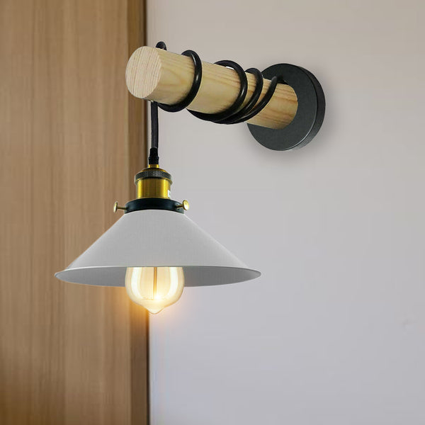 Moderne gecombineerde kroonluchter met massief houten arm en metalen kegelvormige wandlamp~3471 – Wit