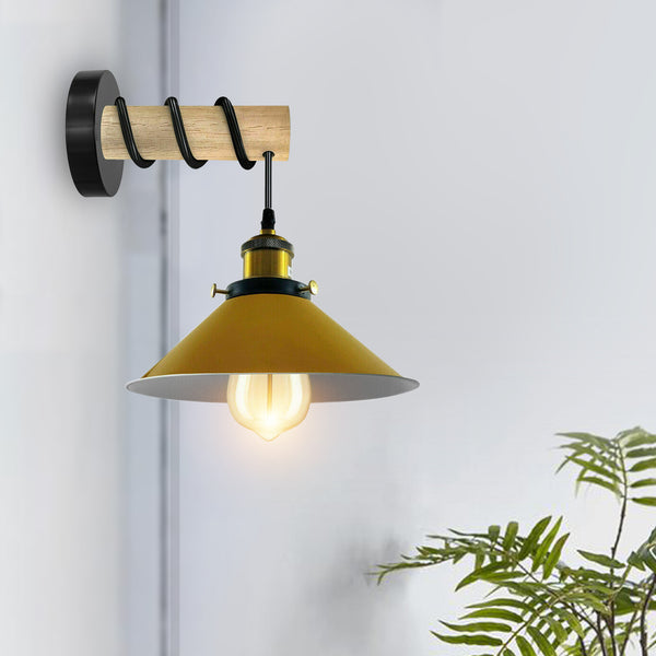 Moderne gecombineerde kroonluchter met massief houten arm en metalen kegelvormige wandlamp~3471 – Geel