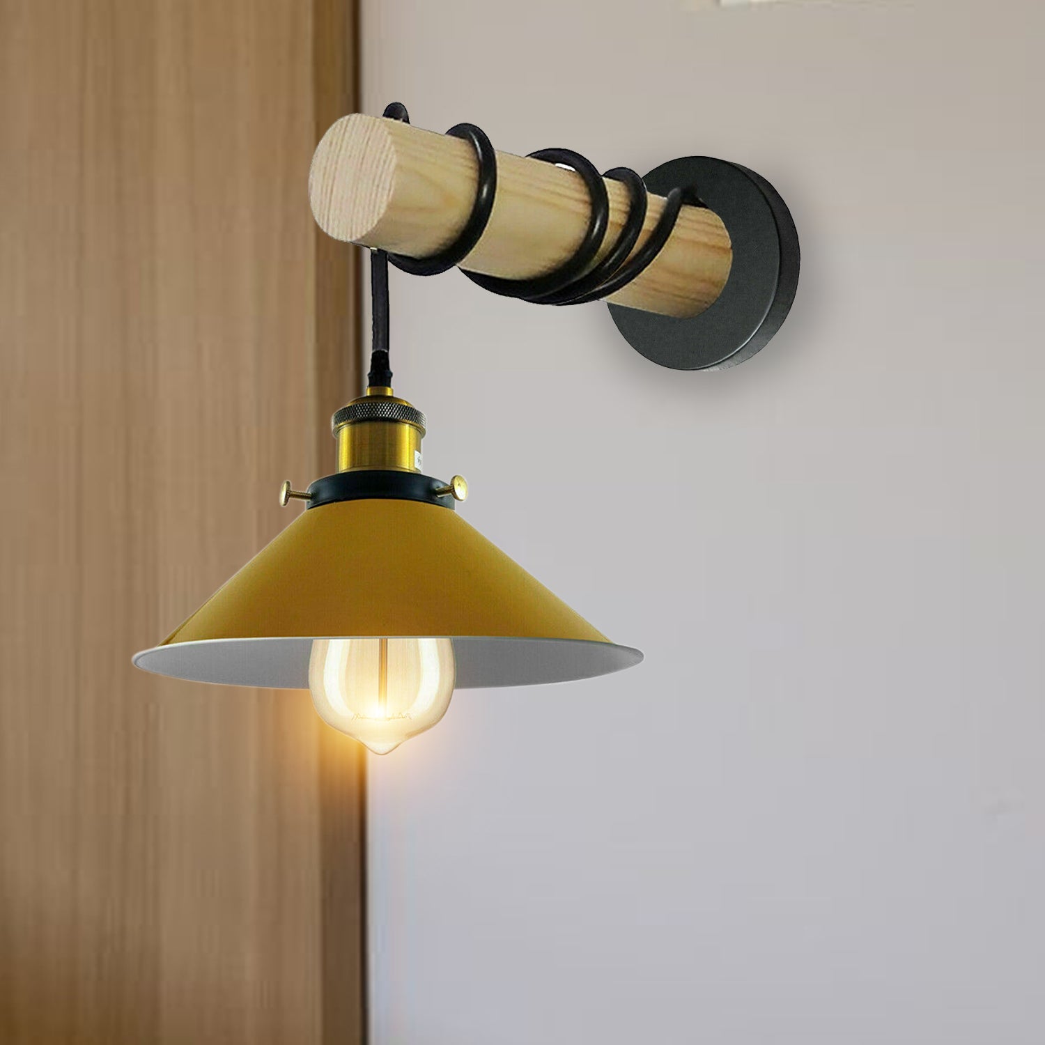 Modern Combined Solid Wooden Arm Chandelier Lighting With Yellow Cone Shaped Metal Shade wall sconce~3477 - LEDSone UK Ltd